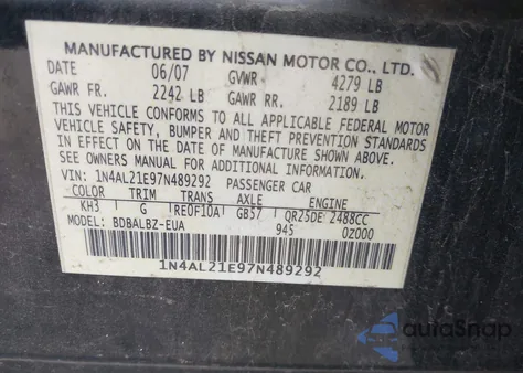 2007 Nissan Altima 2.5 S from USA, damaged, VIN 1N4AL21E97N489292